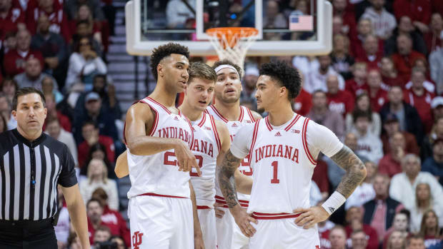 The Indiana Hoosiers huddle in the first half against the Illinois Fighting Illini at Simon Skjodt Assembly Hall.